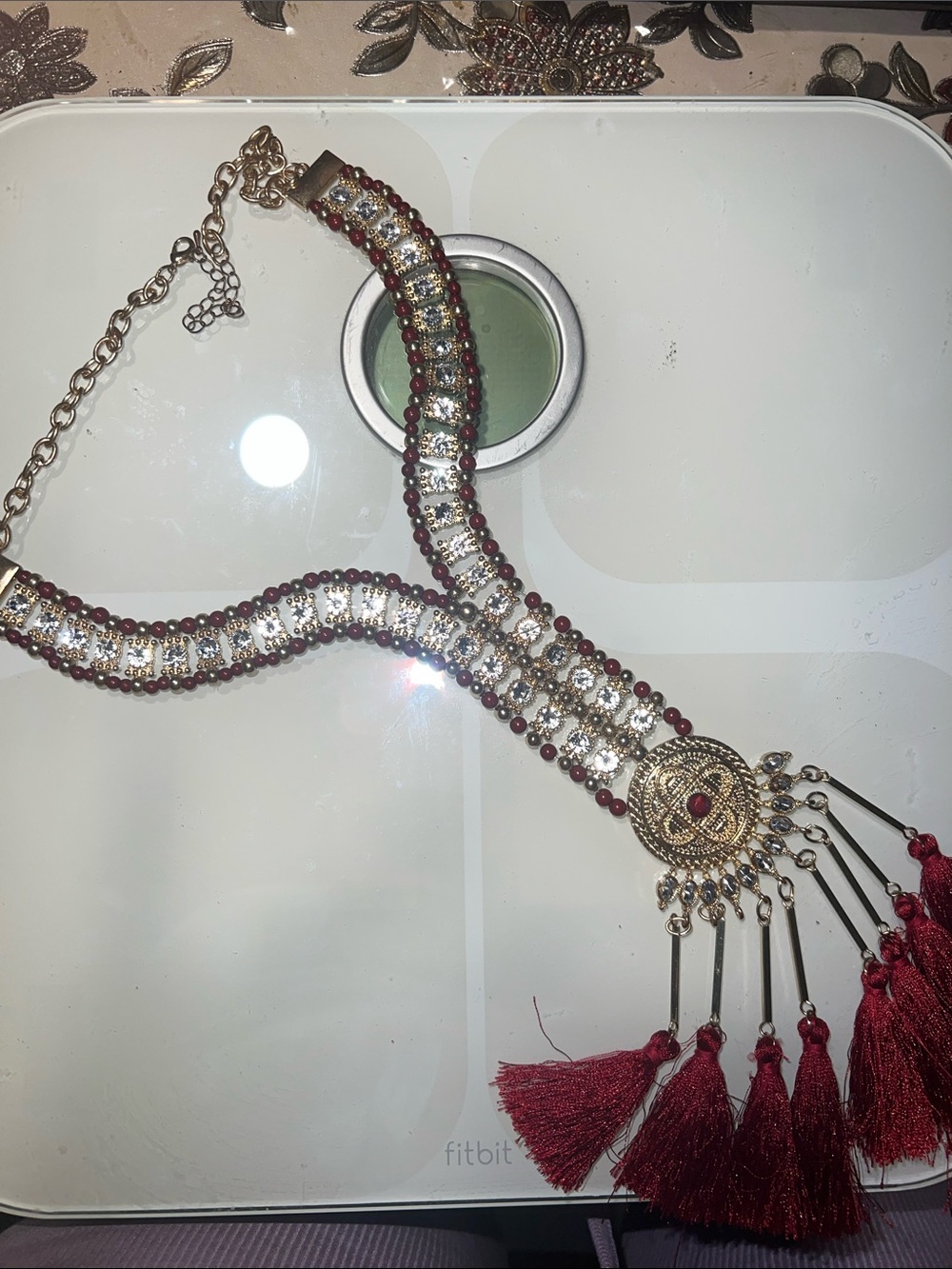 Elegant Gold-Tone Red Beaded Tassel Necklace